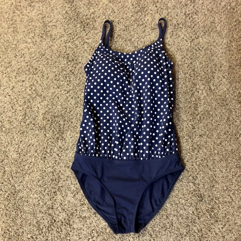 Lands End Maternity Swim Suit Womens 6 Used Navy Polka Dot One Piece - Picture 3 of 15